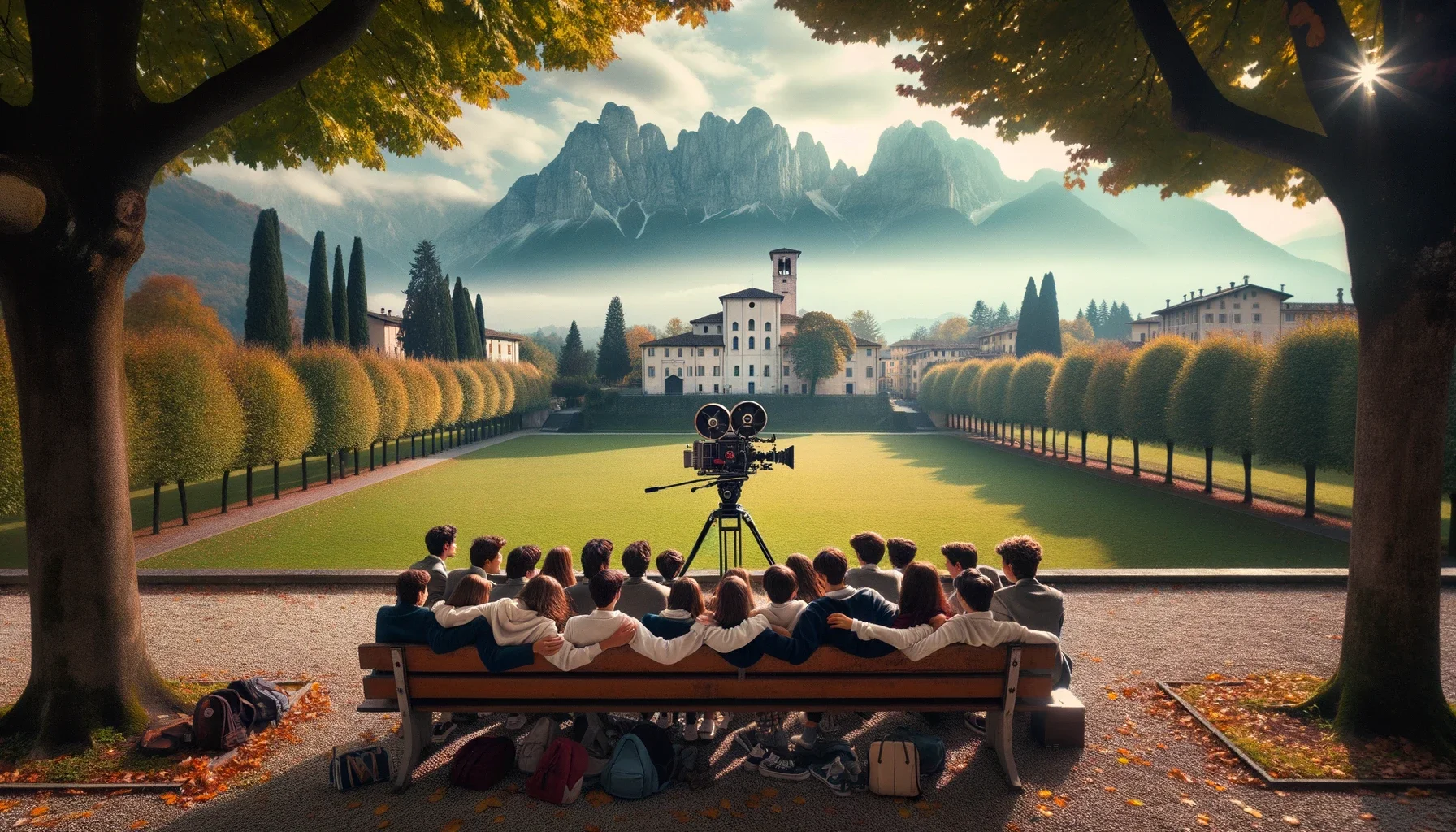 Immagine cinematografica di un gruppo di studenti del liceo seduti su una panchina nel Parco delle Albere a Trento, condividendo momenti felici e la vista del Muse e delle Alpi sullo sfondo.